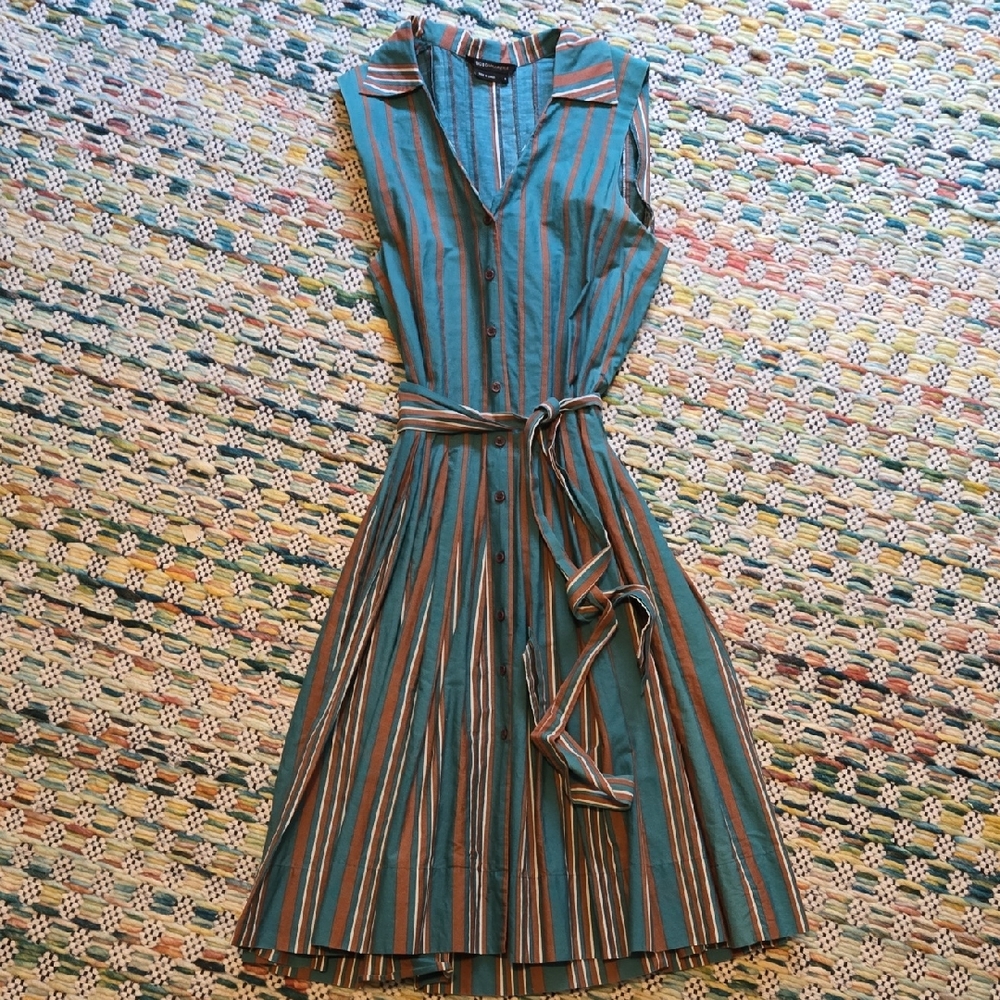 BCBGMaxAzria Teal and Brown Striped Midi Dress